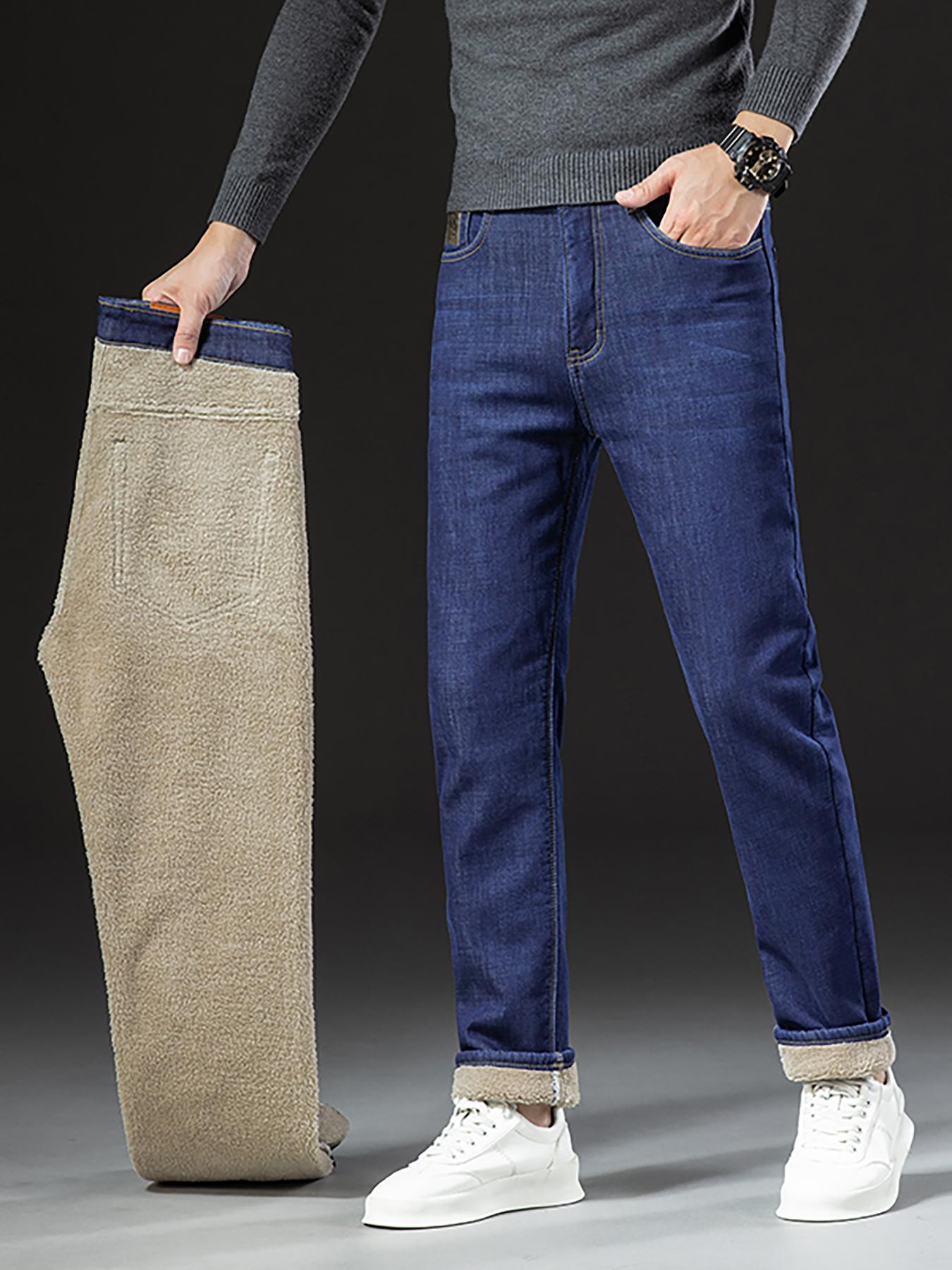 Men's Fleece-Lined Plain Denim Jeans, Winter Casual Friday Loose Straight-Leg Warm Pants, Thickened Thermal Comfortable Men's Clothing