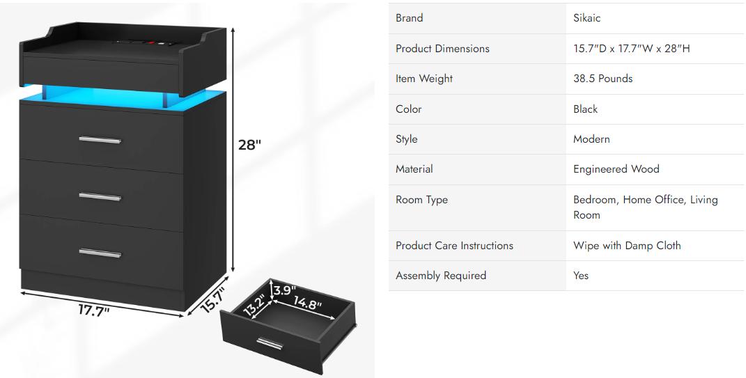 Sikaic Large Nightstand With Charging Station And LED Lights Furniture Bedroom Table Drawer