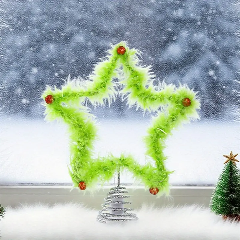 Green Christmas tree top decoration with faux fur star tree top decoration for winter holiday home decor (non-electric)
