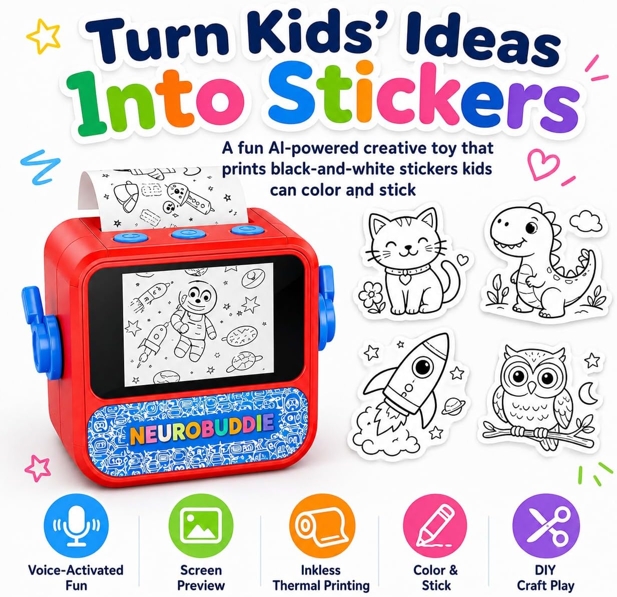AI Sticker Printer for Kids Voice Activated Sticker Maker with Screen Portable Inkless Thermal Printer for Coloring Stickers  Craft Toy
