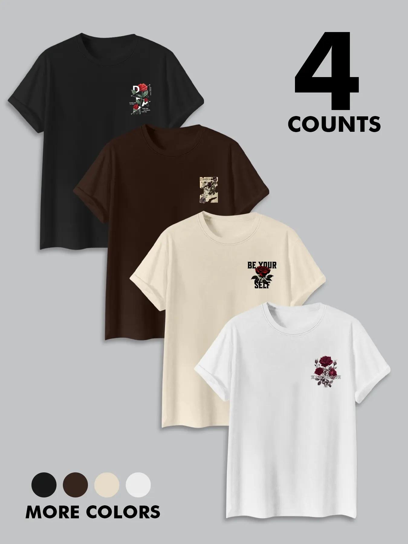 4PCS Vintage Rose Graphic Tees Set – Oversized Streetwear T-Shirts for Men, Trendy Casual Summer Tops
