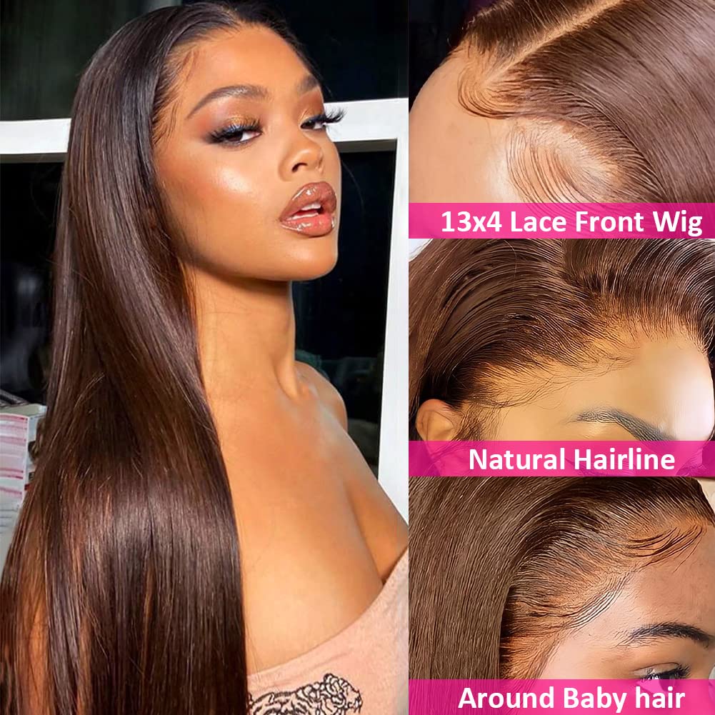 Bling Hair Chocolate Brown 13x6 Brazilian Body Wave/Straight Lace Front Human Hair Wigs 4# Colored Pre Pucked HD Lace Frontal Wigs 7x5 Glueless Wigs For Women