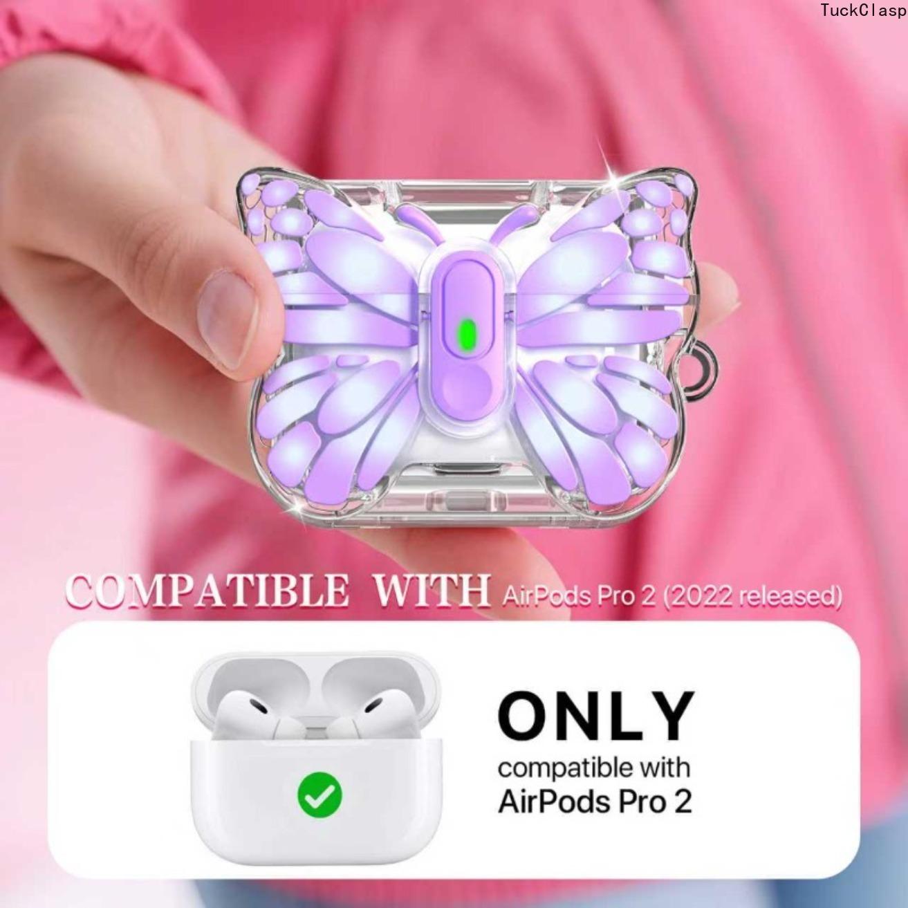 2026 New Compatible with for Airpods Pro/Pro 2 Earbud Case - Vibrant Purple Butterfly Wings, Translucent Pink TPU Soft Case with Stand, Includes Wrist Strap Hook - The Perfect Gift for Women