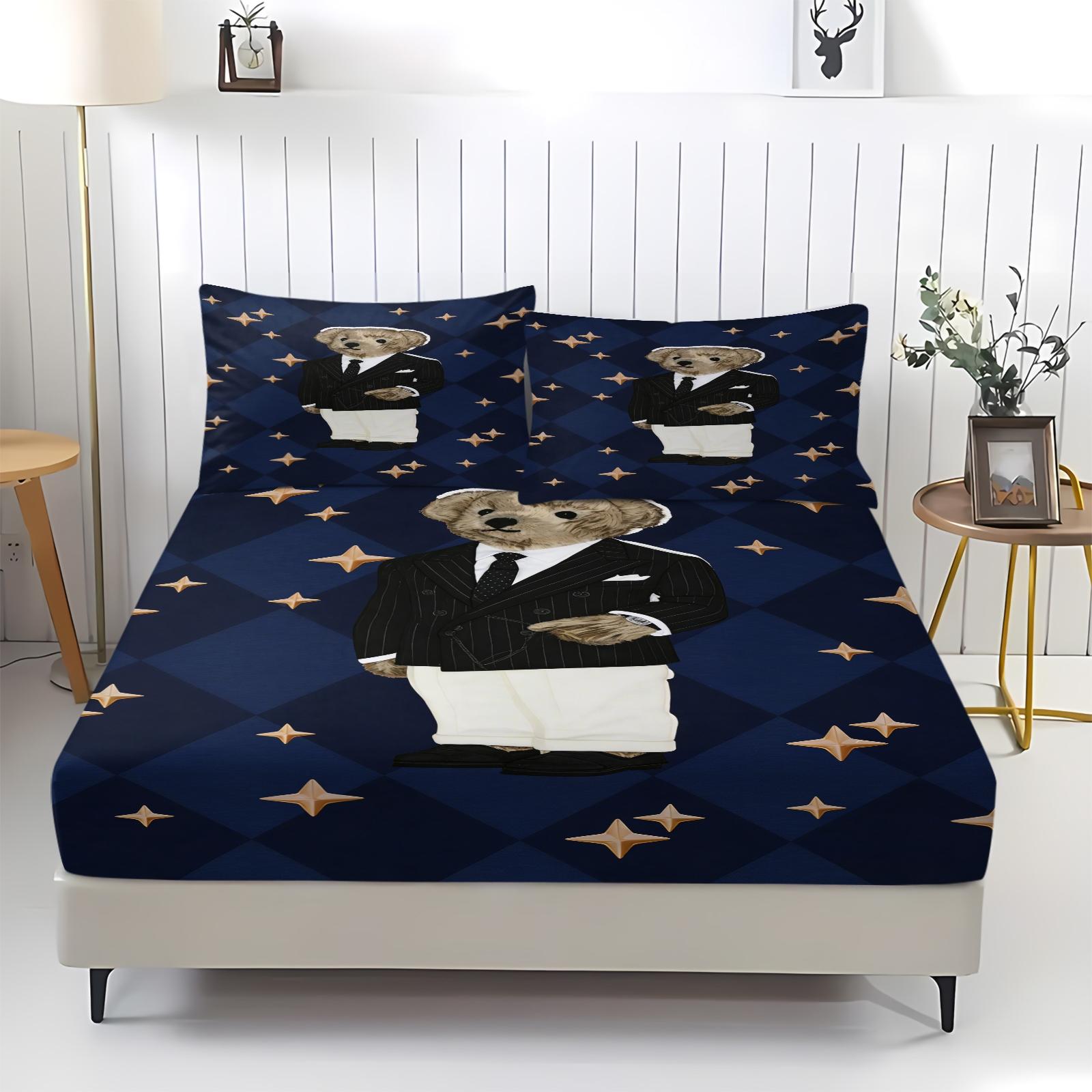 Teddy Bear Pattern Bed Sheet, Comfortable Printed Pattern, Includes 1 Bed Sheet and 2 Pillowcases, Comfortable Bedding, Non slip Dust Cover Suitable for Bedroom and Guest Room, Suitable as a Gift for Children or Adults, Bed Sheets Set
