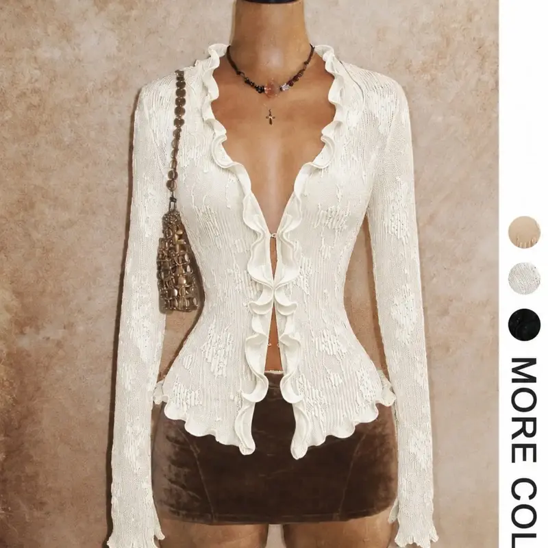 Women's Vintage Semi Sheer Knit Top, Deep V Neck Ruffle Trim Button Front Long Flared Sleeves Slim Top Blouse for Date Night Party