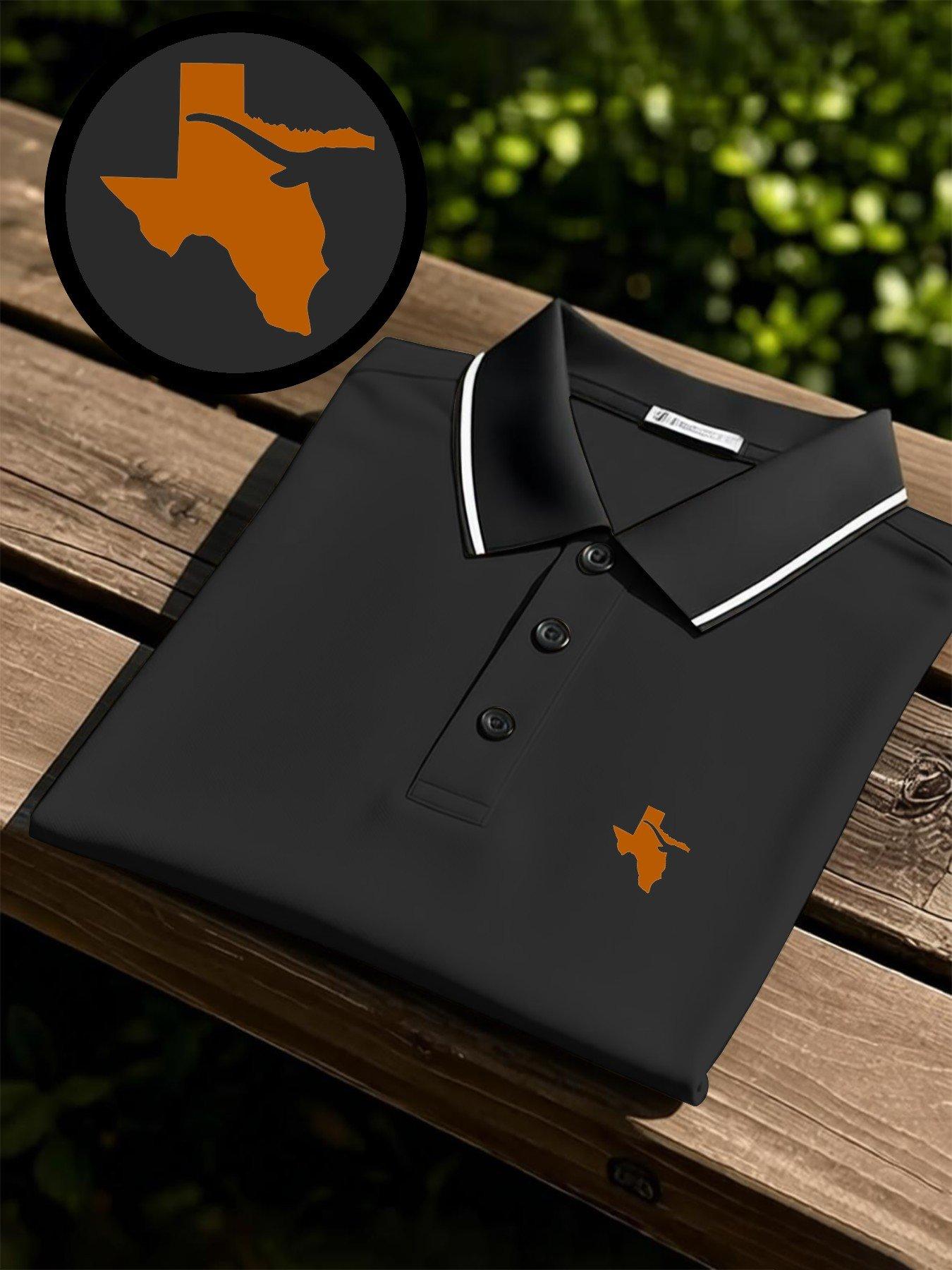 Men's quick-dry short-sleeve polo shirt with Texas longhorn print design. Breathable and comfortable for sports wear, fade-resistant, tailored for a body-hugging fit, sweat-wicking, non-sticky and durably crafted.