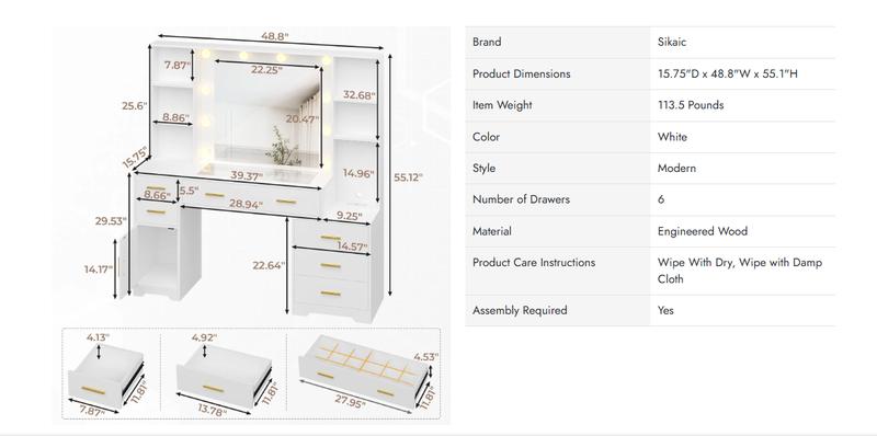 Sikaic 48.8 Inches Large Makeup Vanity Desk with Lighted Mirror & Power Outlet Glass Tabletop Bedroom Dressing Table
