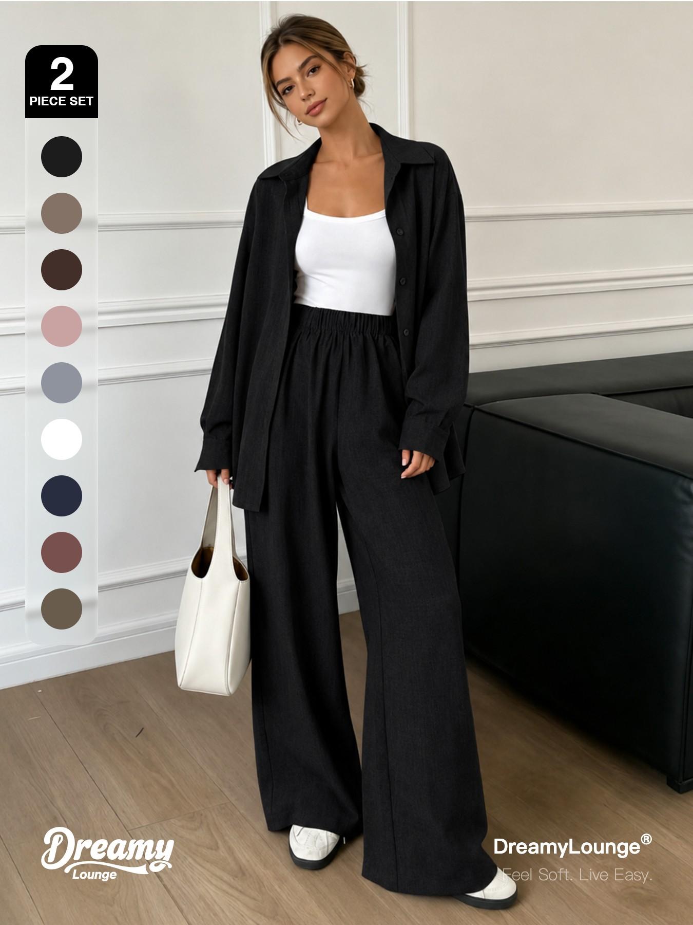 2-Piece Set DreamyLounge Women's Textured Linen-Look Loungewear Set, Oversized Button Down Shirt and Wide Leg Pants Matching Set for Travel, Coffee Run and Everyday Wear