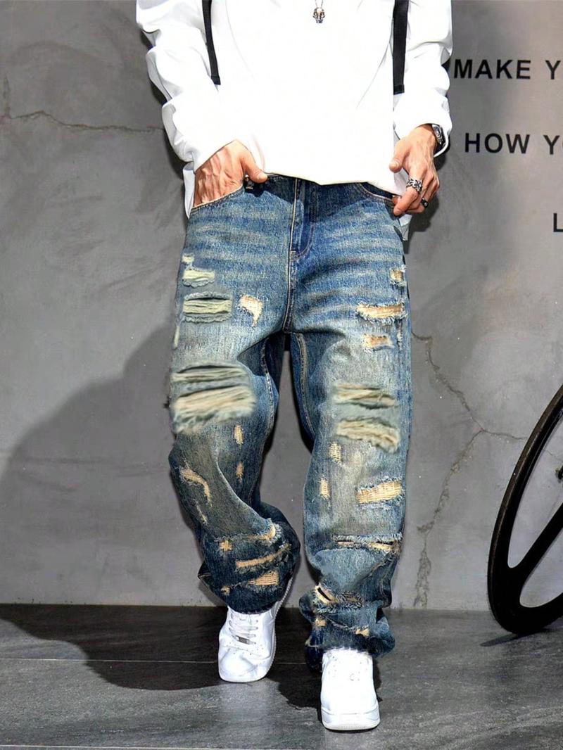 Men's Loose-Fit Denim Jeans, Casual Style Worn Look Ripped Design, Ripped Hole Jeans, All-Season Plain Straight Leg Jeans for Men Men's Loose-Fit Denim Jeans, Casual Style Worn Look Ripped Design, Ripped Hole Jeans, All-Season Plain Straight Leg Jeans for Men