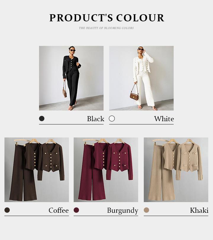 Lady Elegant Knit V-Neck Gold-Toned Button Vest & Wide Leg Trousers With Long Sleeve Cardigan Three-Piece Sets, Formal Casual Clothes, Womenswear