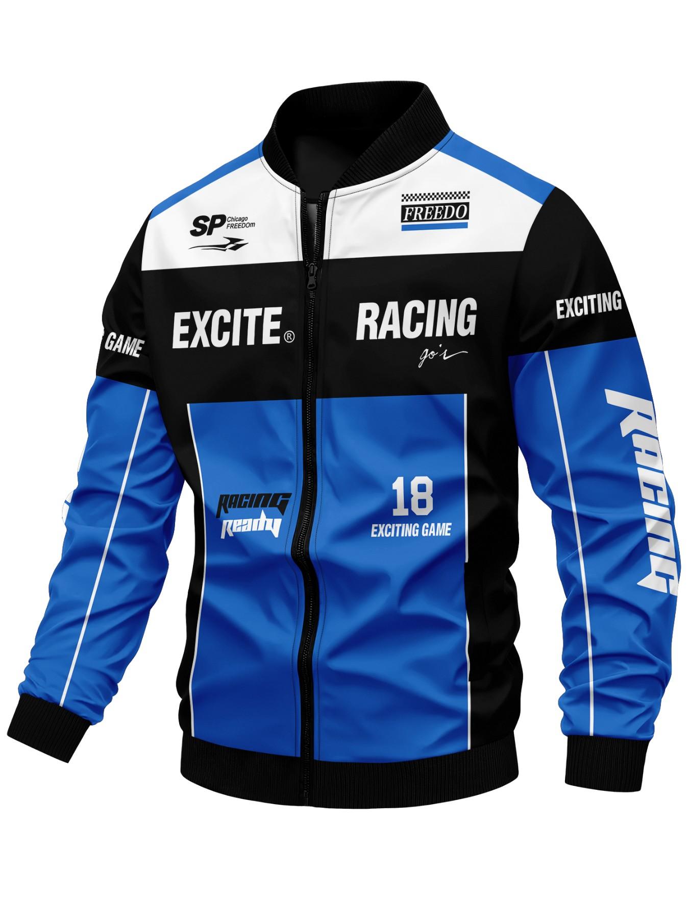 Men's Casual Racing Jacket, Fitted, Soft Shell Material, Speed Racing Pattern, Zipper Closure, Perfect Choice for Spring & Fall