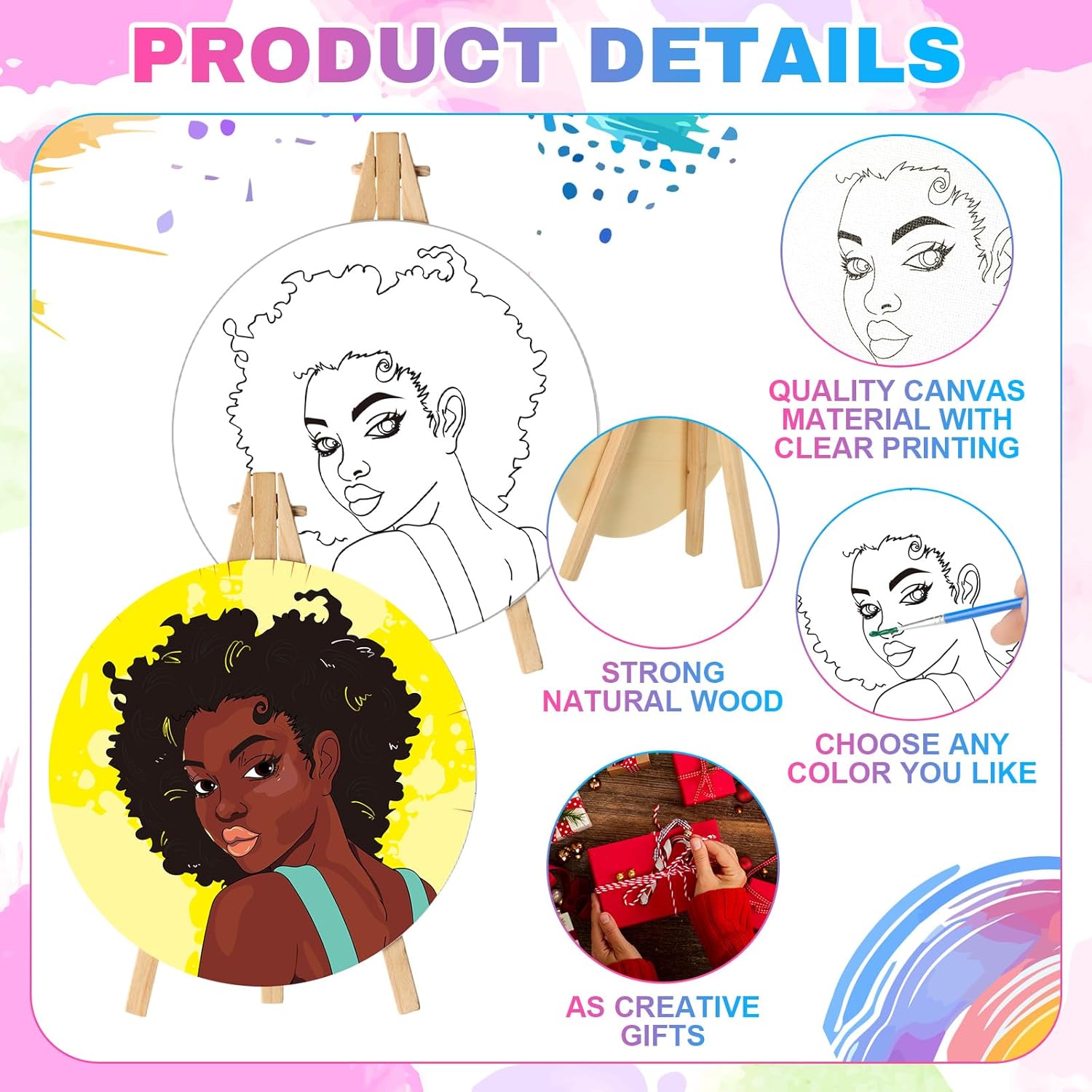 72 count Black Girls Round Pre Drawn Canvas Kit 5.9"  and Sip Kit for Adults Painting Party Pre Printed Canvas DIY with Pictures Paints Easels Brushes for Party Gifts