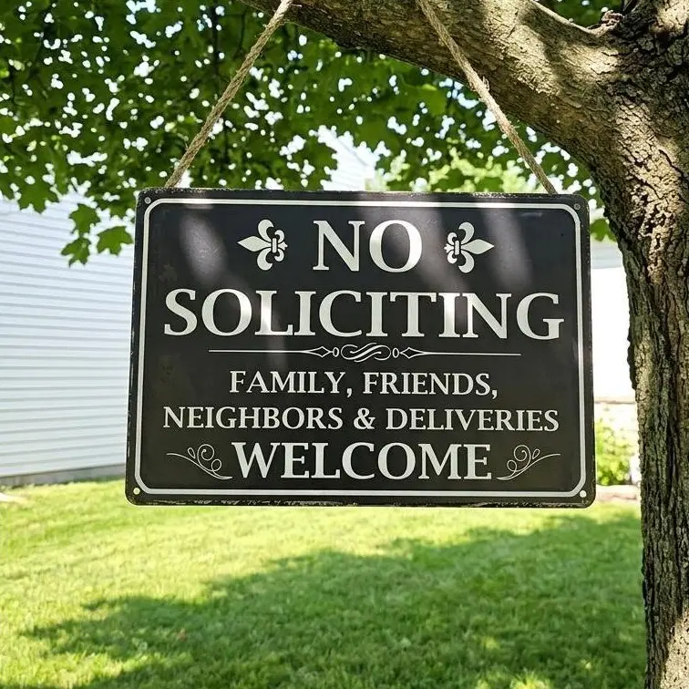 Durable Aluminum Alloy No Soliciting Sign - 8x12 in Single Sign, Retro Vintage Home Decor Plaque, Hangable with Pre-Drilled Holes, Clear Letter Design for Front Door, Porch (Contemporary Art Style)