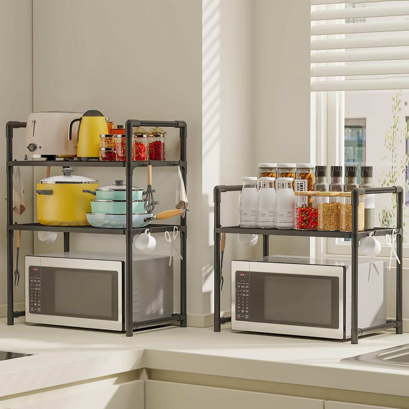 Multi-Functional Kitchen Storage Rack, Microwave Heightened Organizer, Thick Plastic Shelf for Spices & Dishes, Dual-Layer Design, Practical Hooks