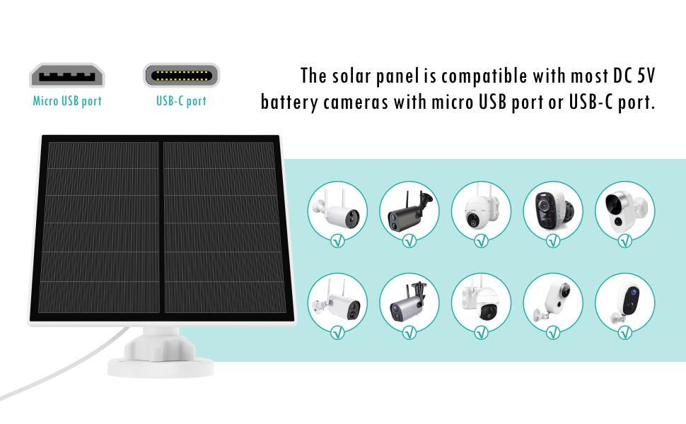 Waterproof 3W/5W Outdoor Solar Charger - Universal Security Camera Power Supply with 360° Rotating Mount, USB-C/Micro USB Dual Ports, All-Weather IP65 Protection (Compatibility Excludes Arlo/Blink/Ring)