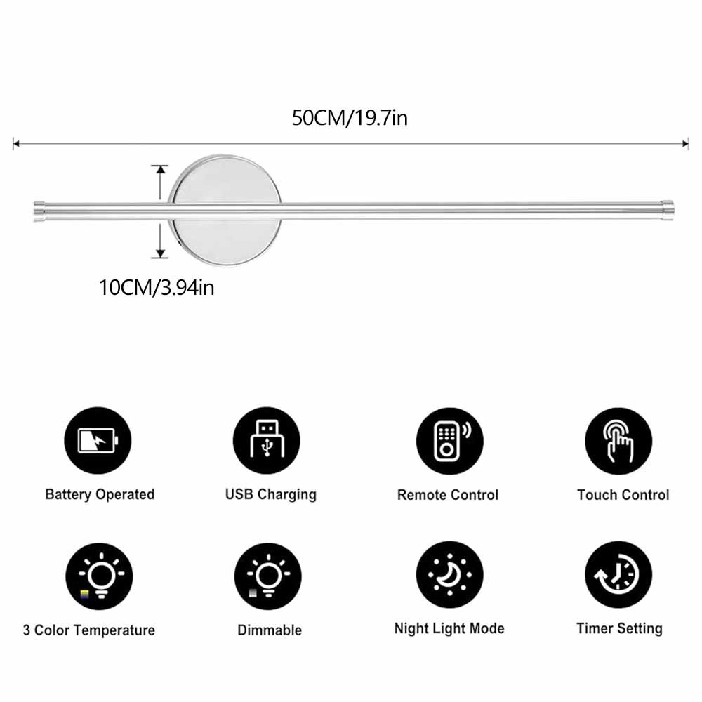 Modern LED Rechargeable Wall Light, Adjustable Wireless Wall Lamp with Remote, 3 Color Temperatures, 19.7 Inch Chrome Finish, Bedroom Living Room Hallway