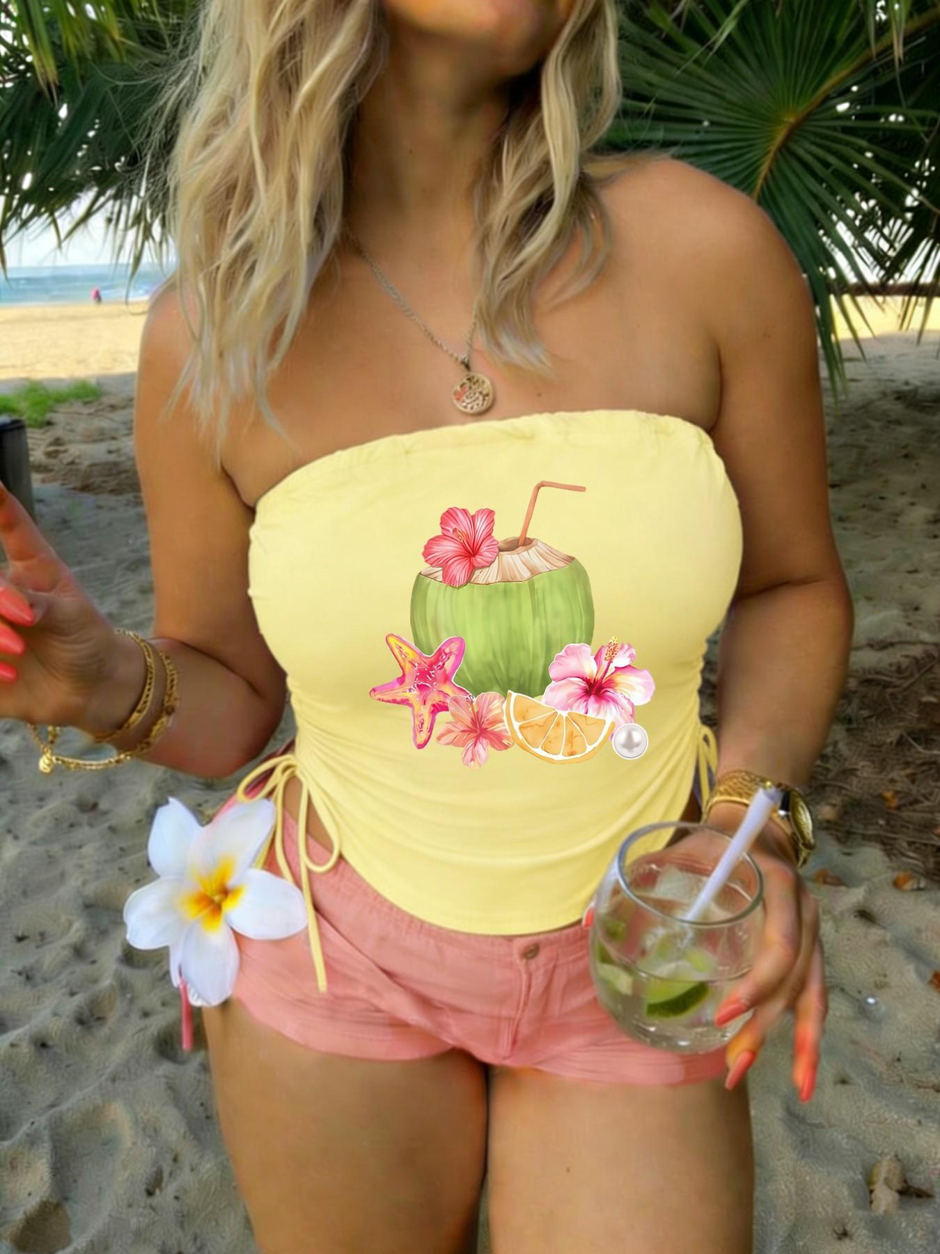 Y2K Style Drawstring Tube Top, Floral Print Sleeveless Crop Top, Slim Fit Summer Fashion, Trendy Streetwear for Women