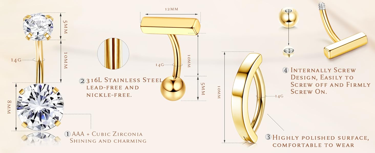 6pcs 14g Stainless Steel Belly Button Rings for Women, Rhinestone Navel ...