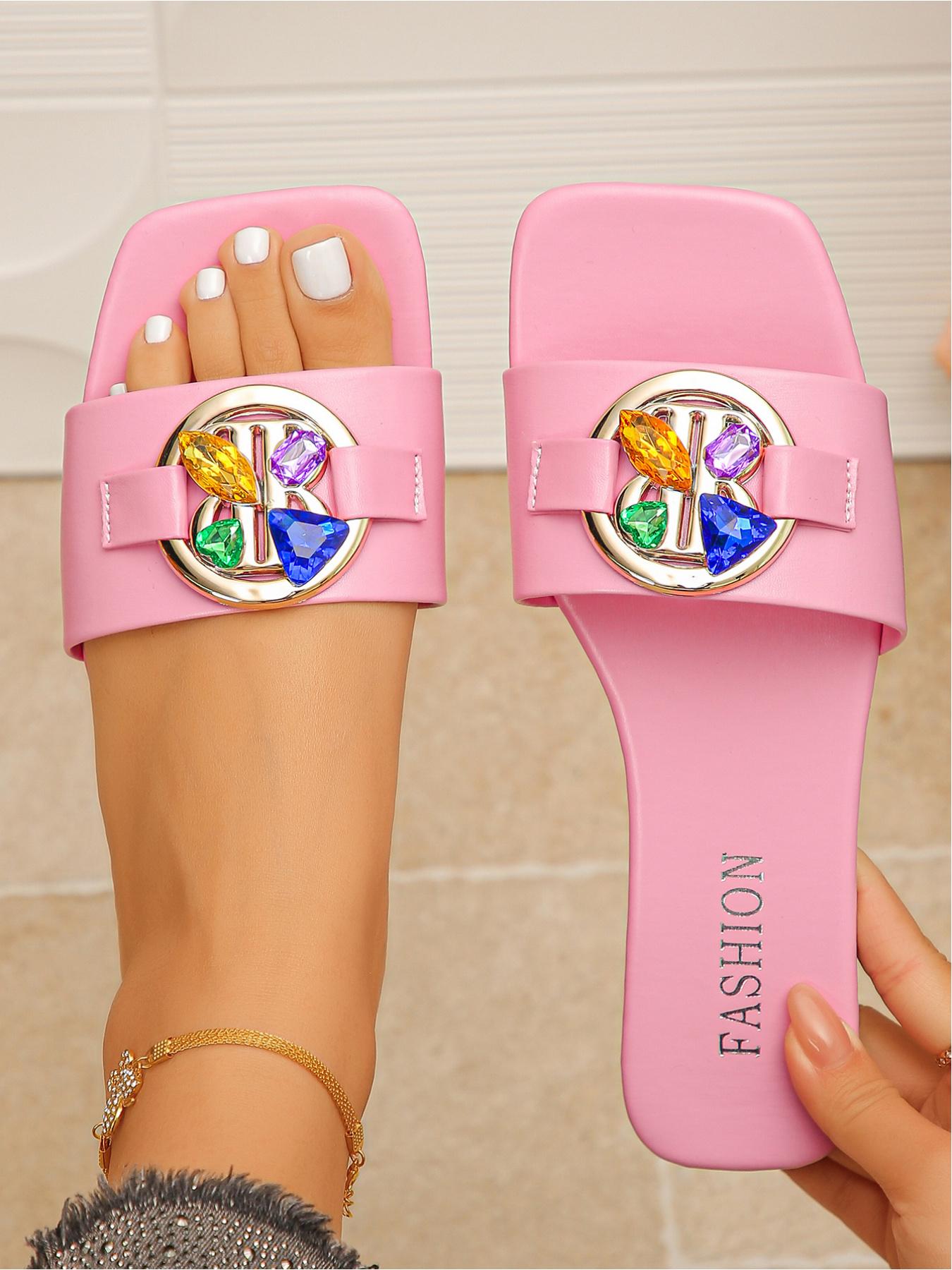 Square Toe Flat Slide Sandals Women Rhinestone Buckle Design, Lightweight Summer Slippers for Beach, Home & Outdoor Use