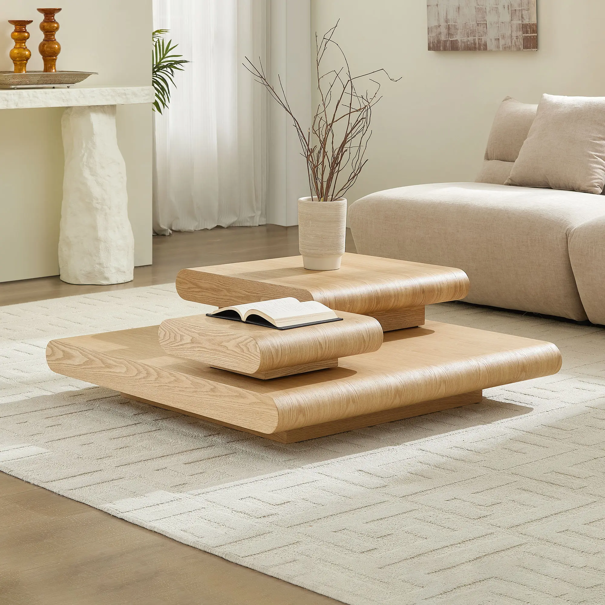 Nokaa 3-Piece Modular Stacking Coffee Table – Natural Wood Look MDF Square Center Table 39.37 Inch for Living Room, No Assembly Required, Multi-Functional Side Table Plant Stand, Natural Color