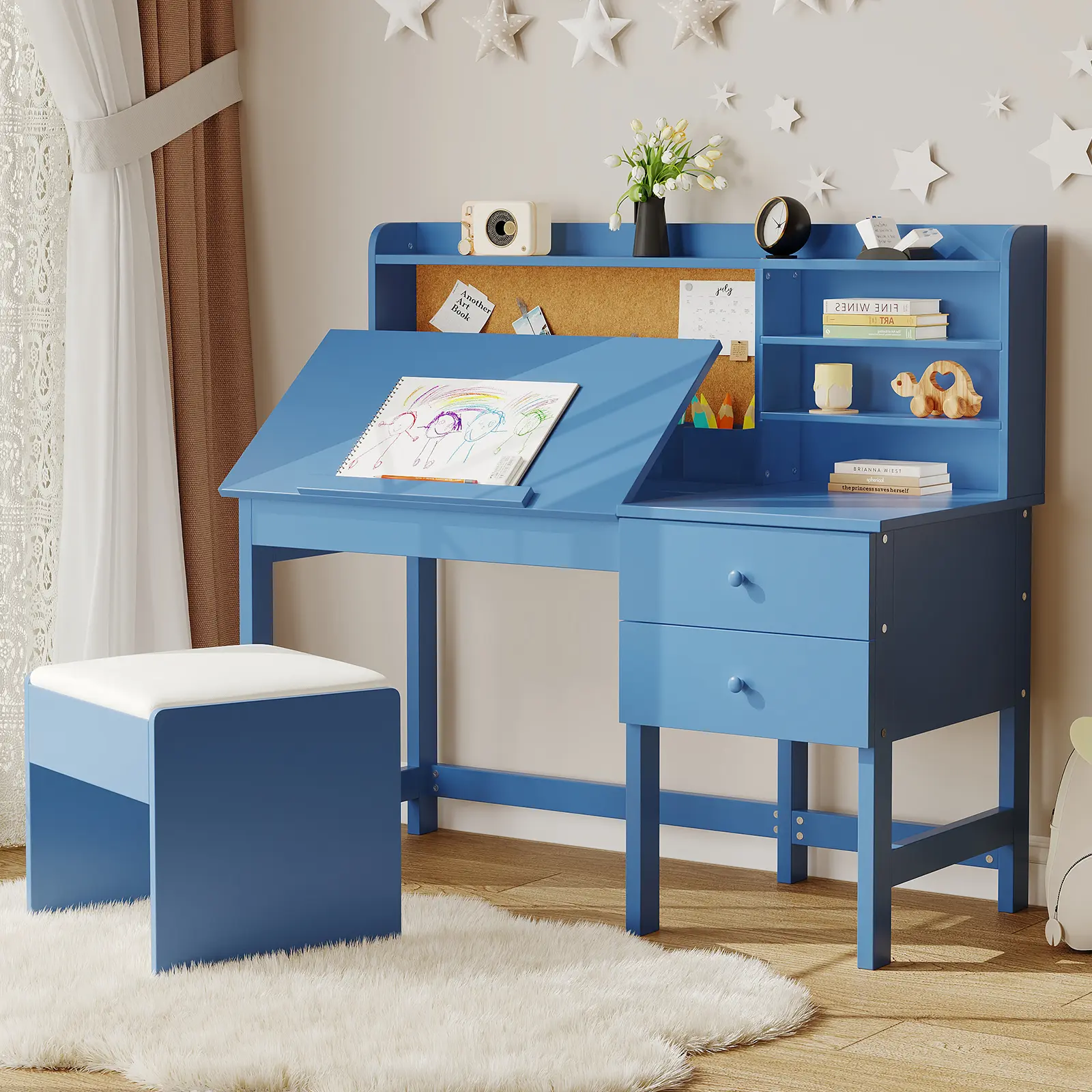 Kids Desk and Chair Set,Ergonomic Wooden Study Table with Adjustable Tilt Desktop,Children Study Desk with  Drawers & Cork Board,Children School Learning Desk Set