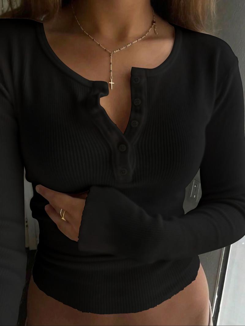 Women's Ribbed Long Sleeve T-Shirt, Casual Loose-Fitting Top for All Seasons, Comfortable Daily Wear, Stylish Ladies' Clothing