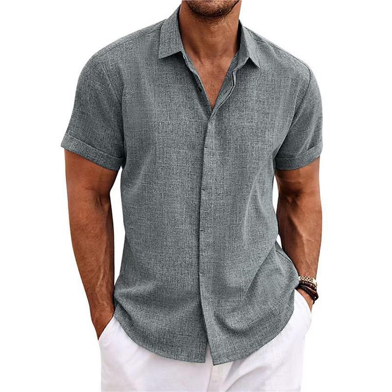 Men's Plain Linen-Polyester Short-Sleeve Button-Down Shirts - Loose-Fitting, Collared Neck, Lightweight, Breathable, Skin Friendly, Street Casual Tops for Daily, Semi-Formal Menswear