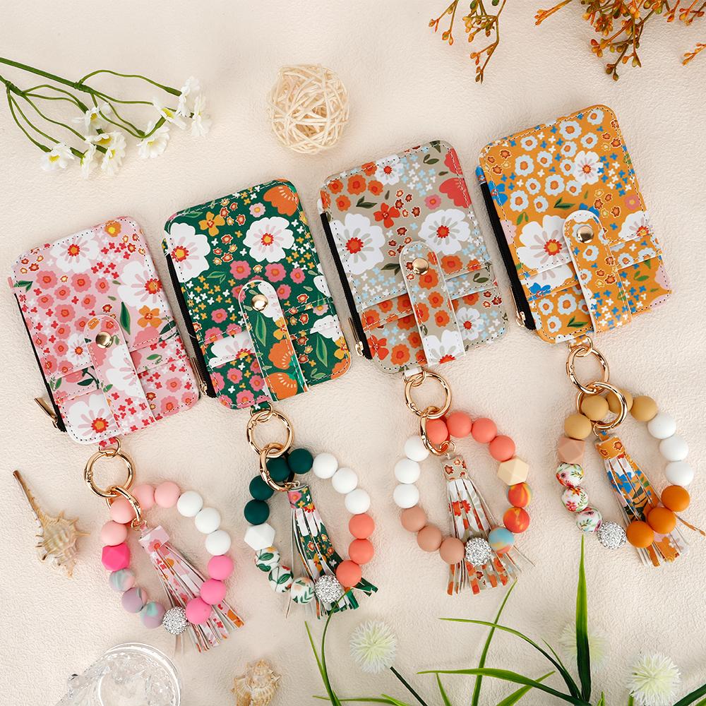 Ladies' Boho Style Beaded Tassel Decoration Keychain with Floral Pattern Wallet,Women's Credit Card Holder,Leather Card Case Keychain Wallet for Women