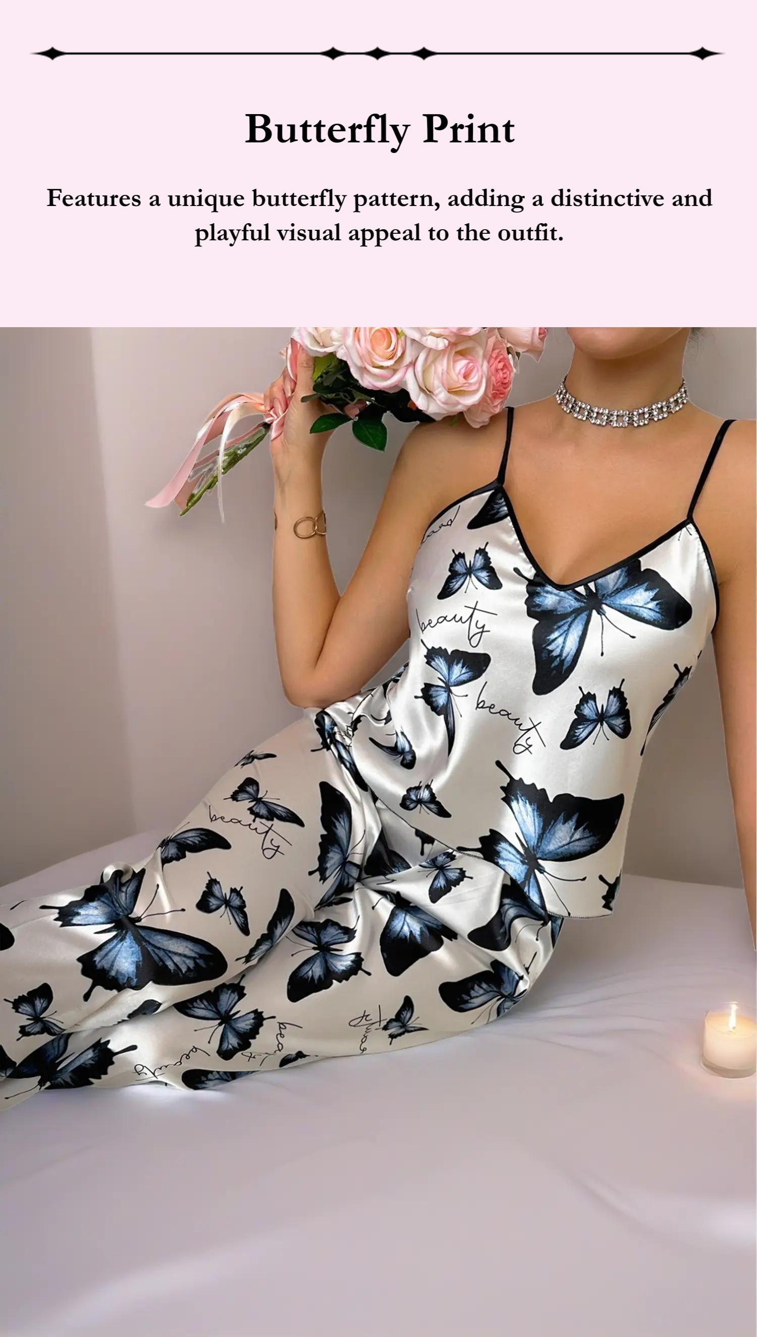 Women's Butterfly Print Strap Sleepwear Set, Comfortable Fashion Design, Perfect for Casual Wear, Ladies' Nightgown & Pajama Suit