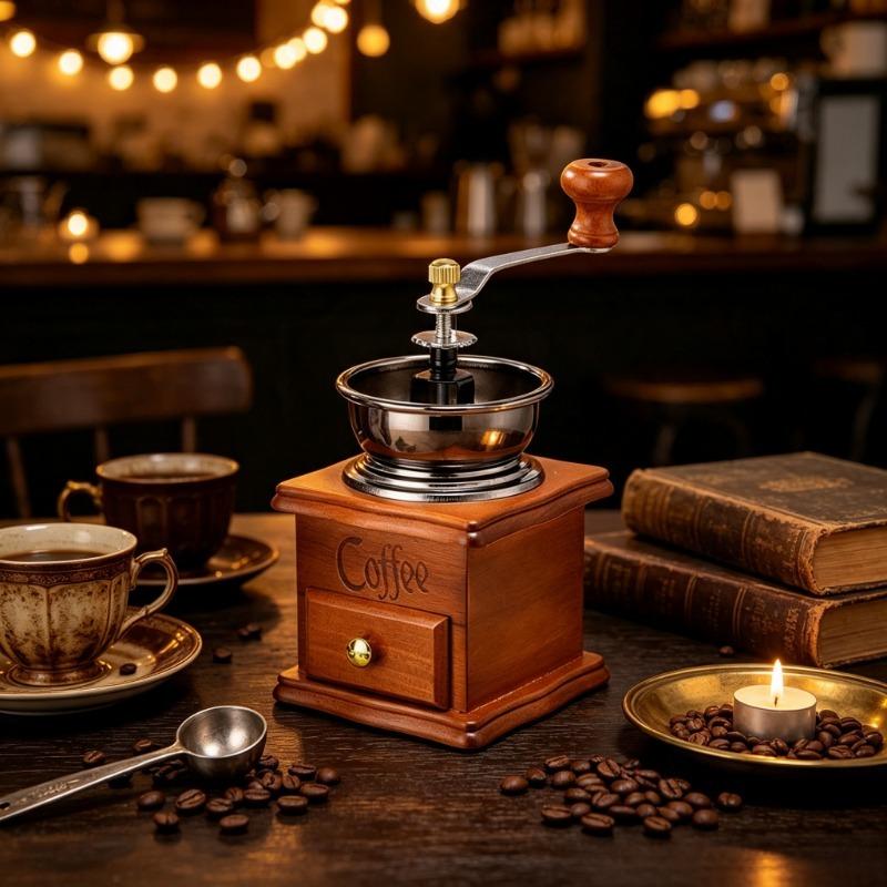 Vintage Wooden Manual Coffee Grinder, Portable Hand Crank Coffee Bean Mill with Collection Drawer, Adjustable Grinding for Camping, Travel, Home & Office Coffee Brewing