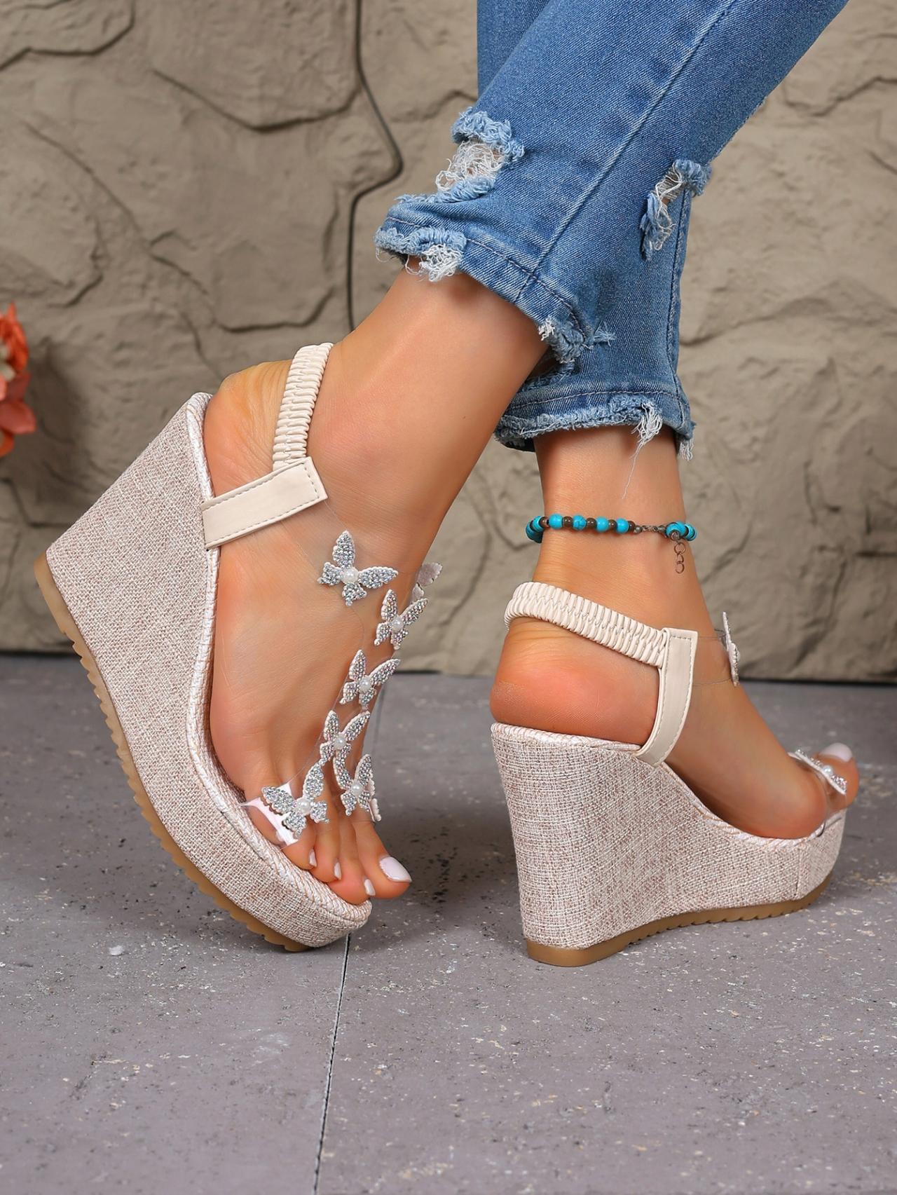 Women's Rhinestone Butterfly Transparent Wedge Sandals, Summer Fairy Style Platform Elevated Open-Toe Roman Shoes