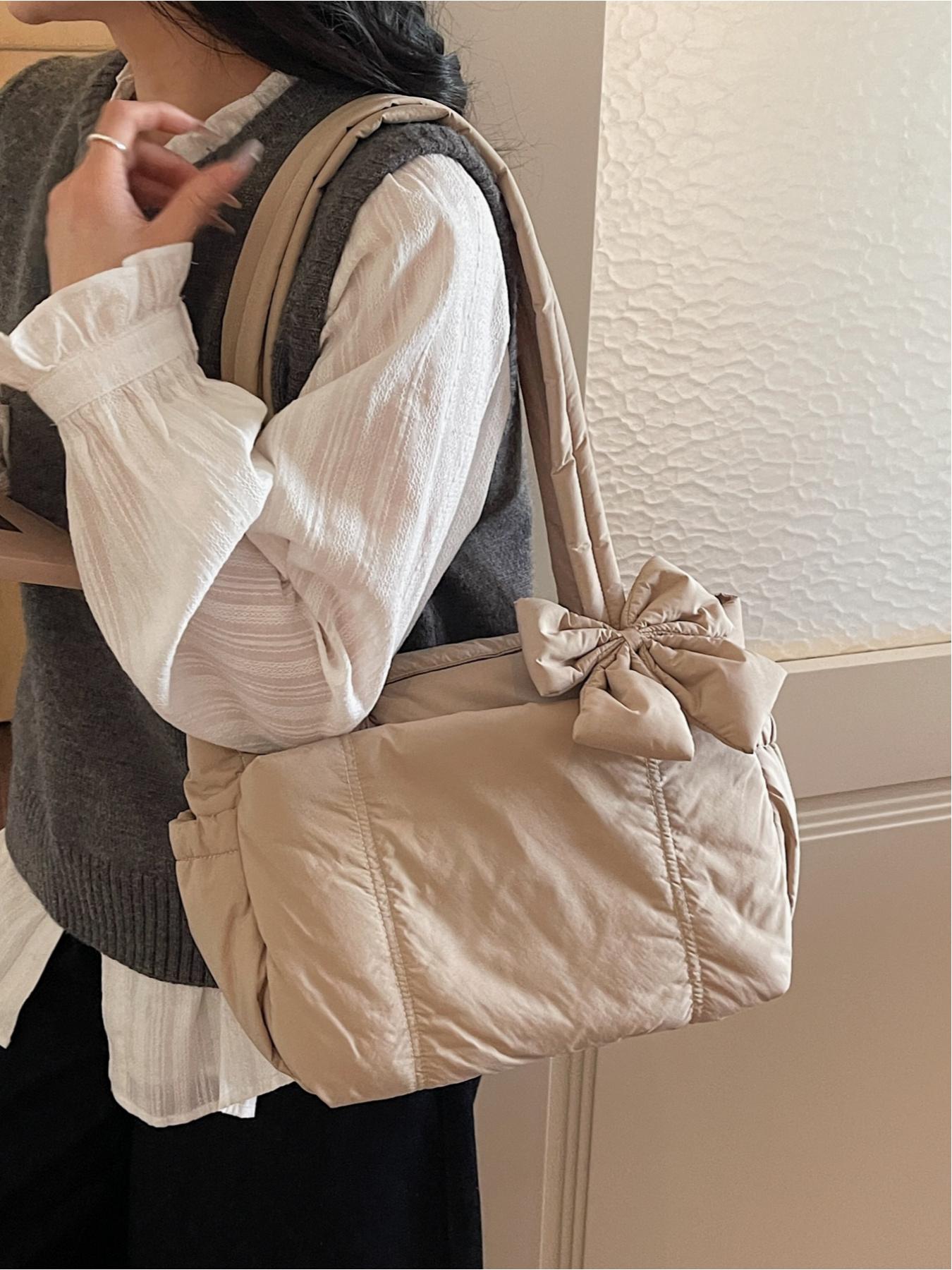 Pink Quilted Bow Tote Bag, Casual Lightweight Shoulder Bag, Casual Commuter Bag, Suitable for Commuting, Shopping, Leisure Outings, Everyday Accessories.