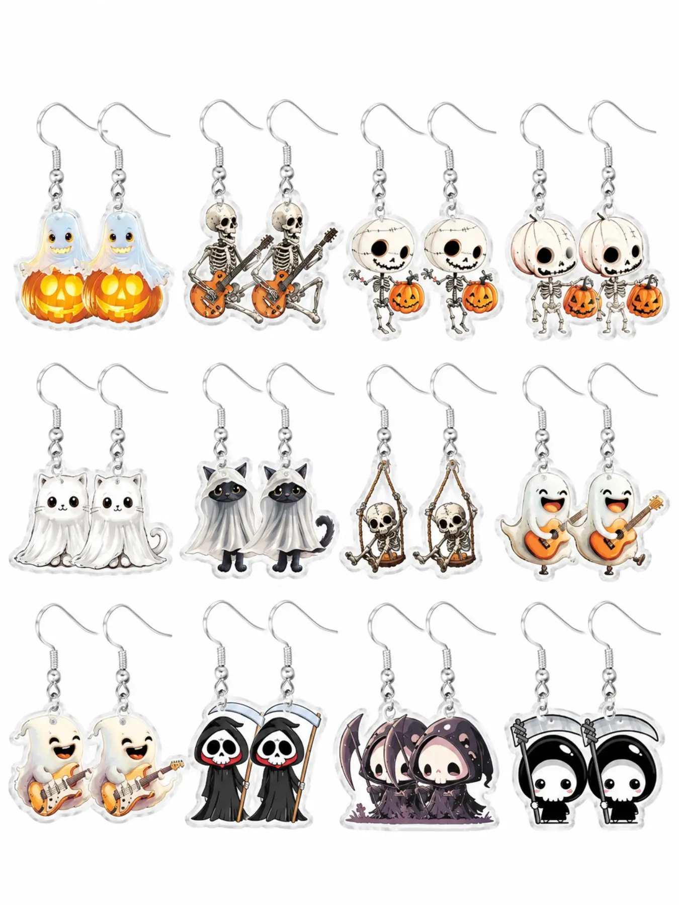 【Black Friday】24-Piece Halloween Earring Set, Cute Cartoon Dangle Earrings with Ghost, Pumpkin, Skeleton, Cat, and Grim Reaper Designs, Party Favor and Gift Pack