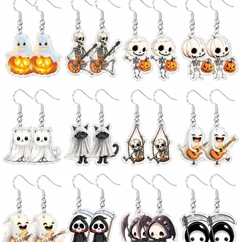 【Black Friday】24-Piece Halloween Earring Set, Cute Cartoon Dangle Earrings with Ghost, Pumpkin, Skeleton, Cat, and Grim Reaper Designs, Party Favor and Gift Pack