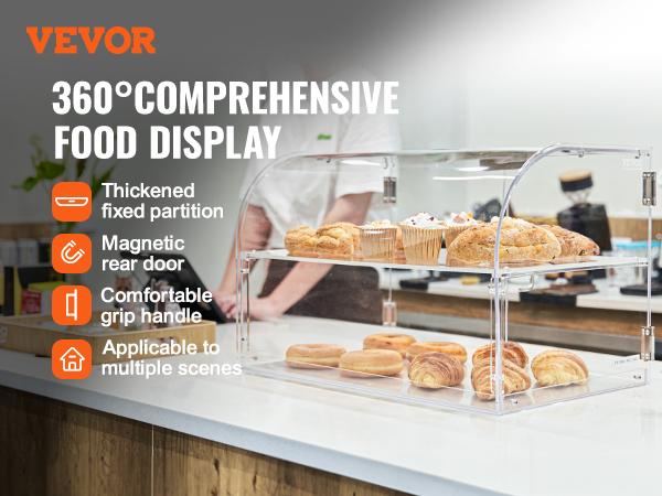 VEVOR Pastry Display Case, 2-Tier Commercial Countertop Bakery Display Case, Acrylic Display Box with Rear Door Access Removable Shelves, Keep Fresh for Donut Bagels Cake Cookie, 22x14x14