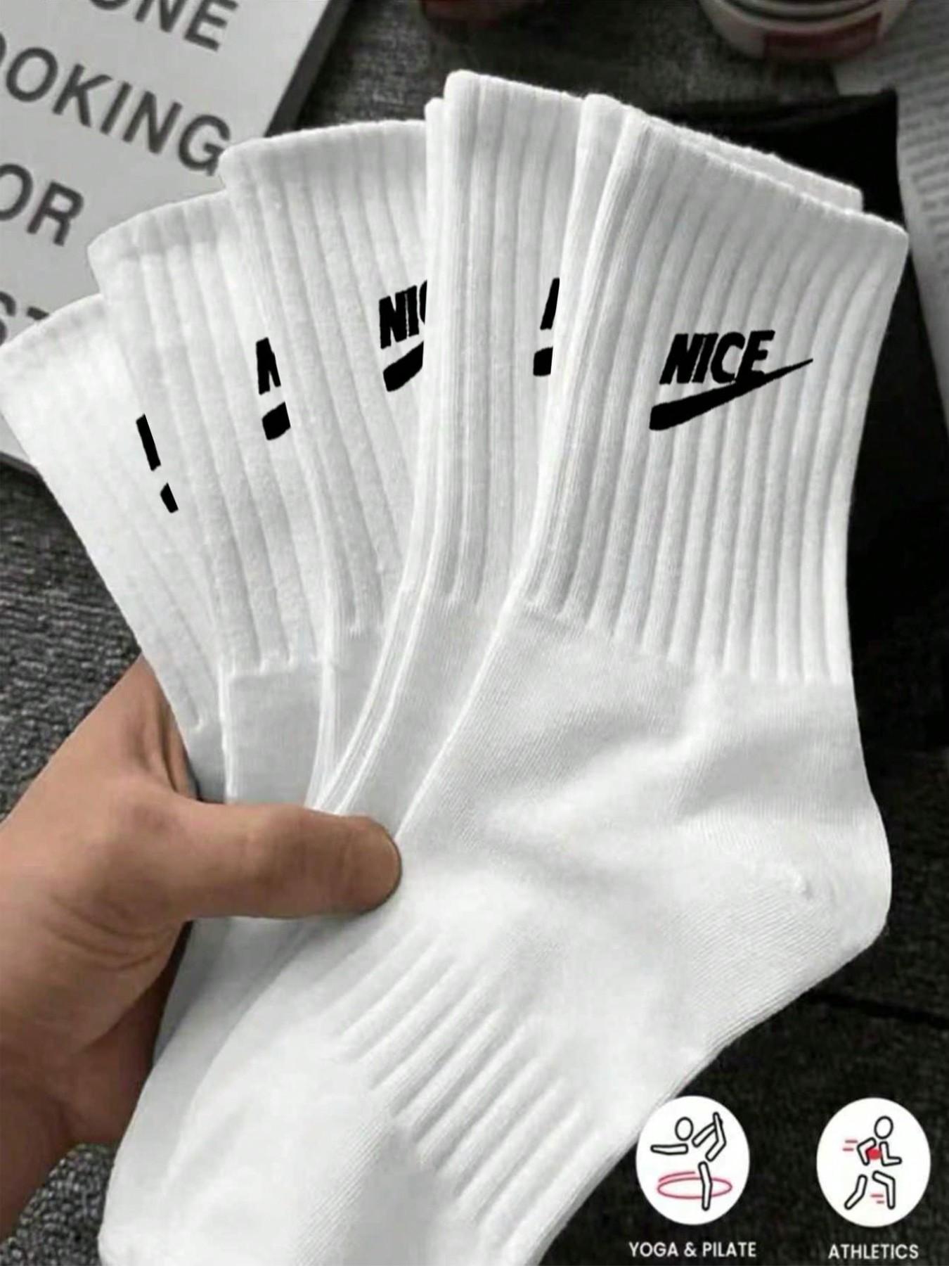 5 Pairs Letter Pattern Unisex Mid-Calf Casual Sports Socks, Sporty Fitted All Seasons, Plain Design
