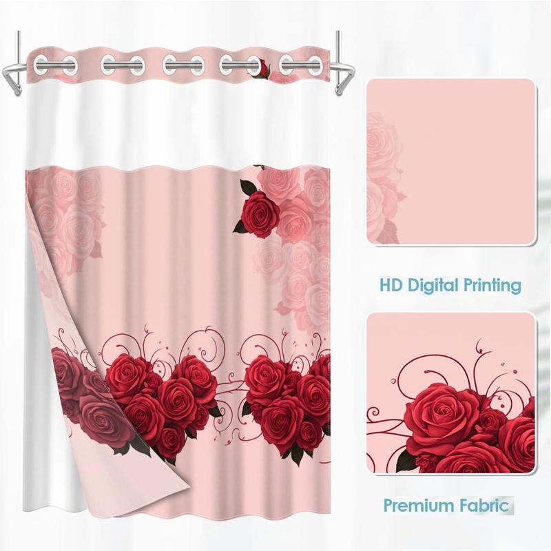1pc hookless shower curtain with buckle lining, spring pink rose vine design, 2D flat printing, fabric waterproof lining, see-through double-layer shower curtain, 71 x 74 inches, modern home draping curtain, Shower Curtain Liner