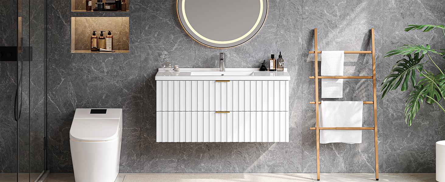 【Valentine's Day Gift】ONBRILL 36 Inch Bathroom Vanity with Sink Combo, Floating Bathroom Vanity with 2 Fluted Drawers & Metal Handle, Modern Wall Mount Storage Cabinet with Ceramic Integrated Sink for Small Space