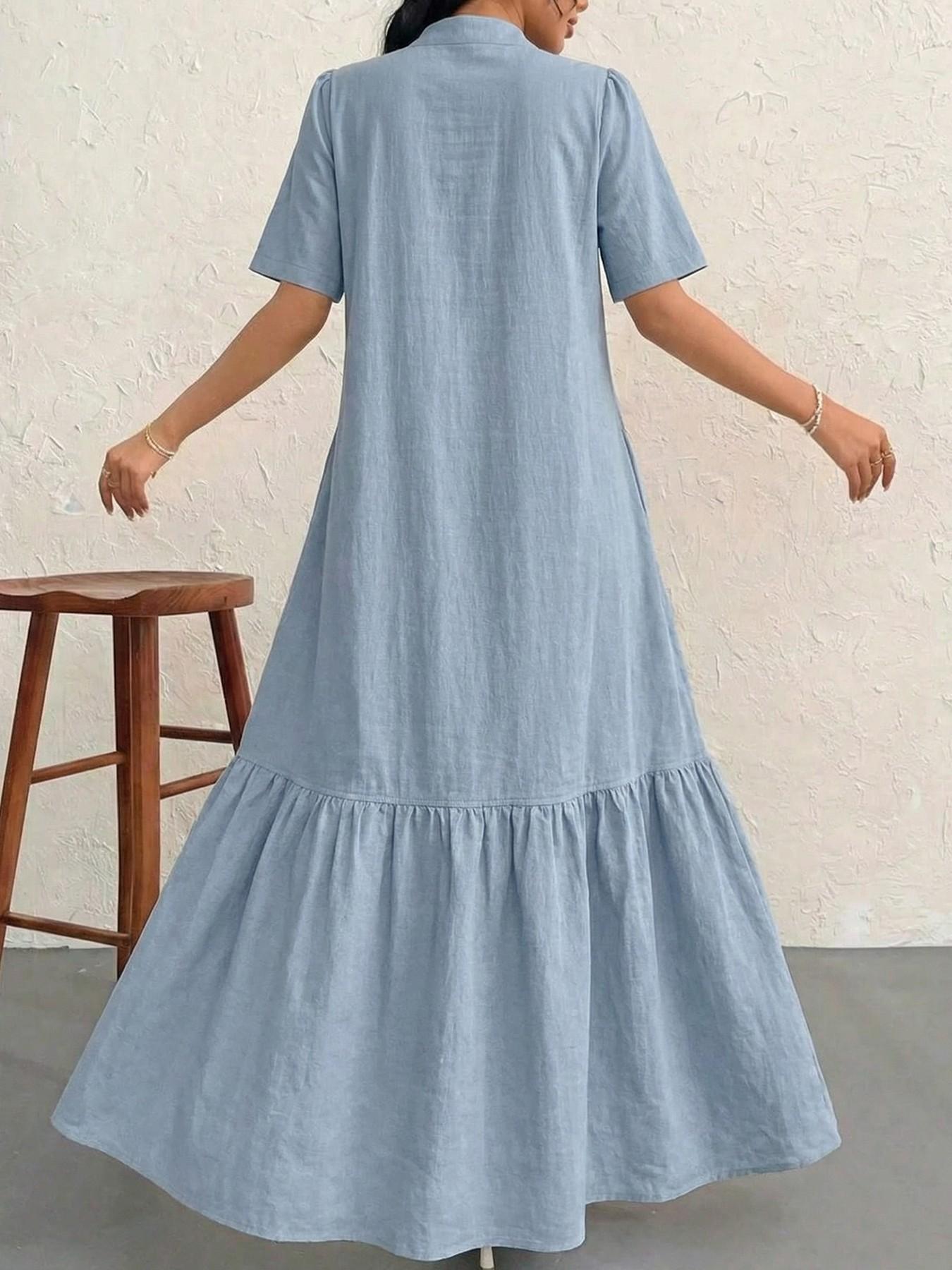 Women's Light Color Short Sleeve Shirt Dress, Single Button Ruffle Split Design, Elegant Summer School Dress, Perfect for Students and Meetings