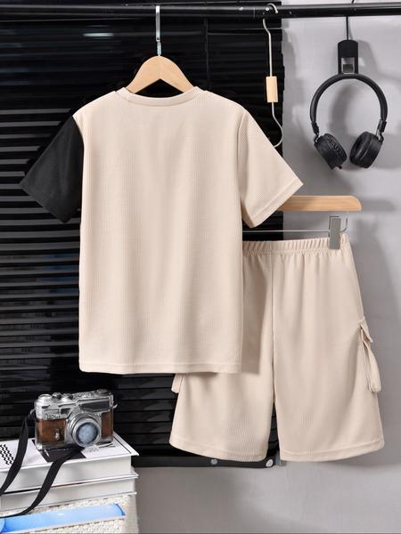 Two-Piece Set Boy's Colorblock Print Short Sleeve Tee & Plain Pocket Elastic Waist Shorts, Casual Comfort and Functionality Round Neck T-shirt & Cargo Shorts for Summer, Kids Clothes for Daily Wear