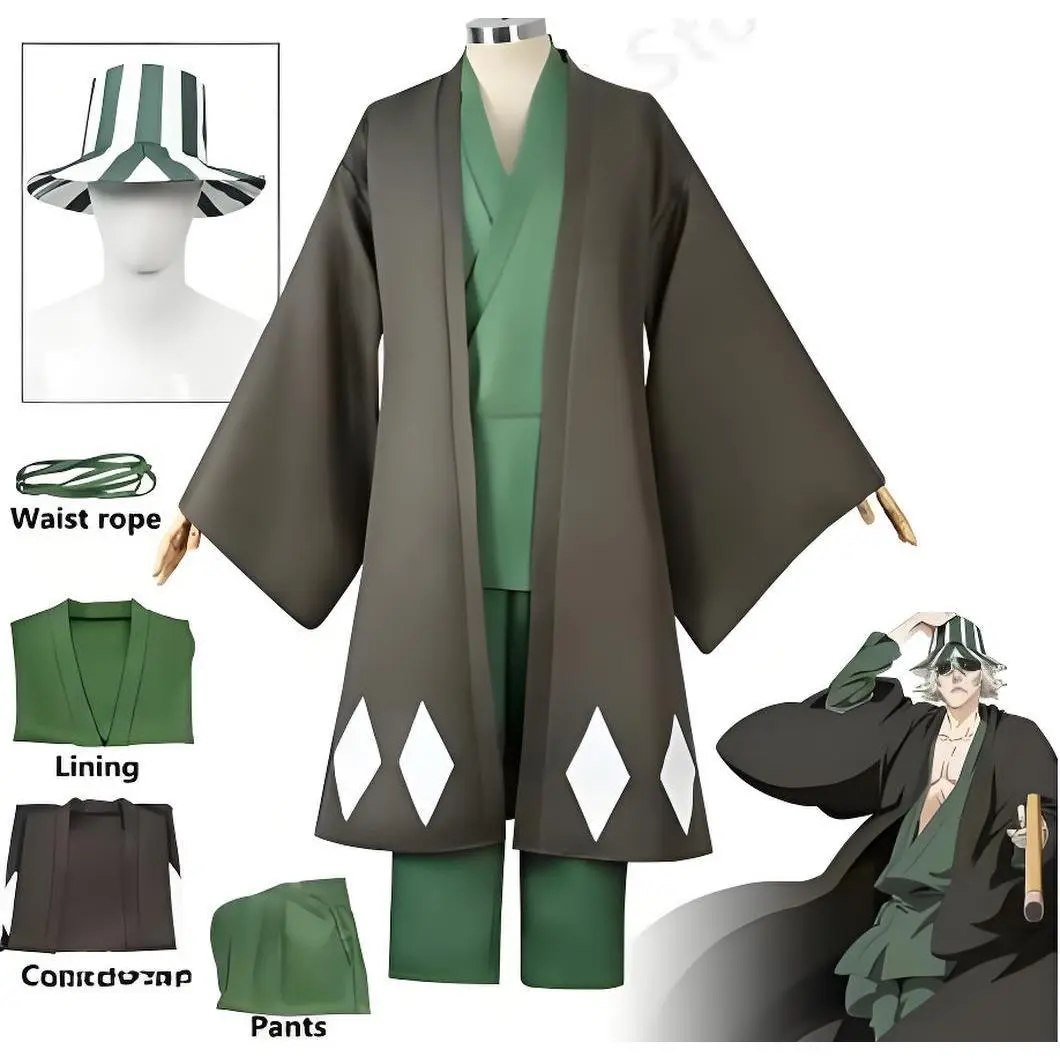 Hot Anime Bleach Cosplay Urahara Kisuke Gotei 13 Costume Kimono Uniform Cape Top Pants Hat Suit For Halloween Carnival Party