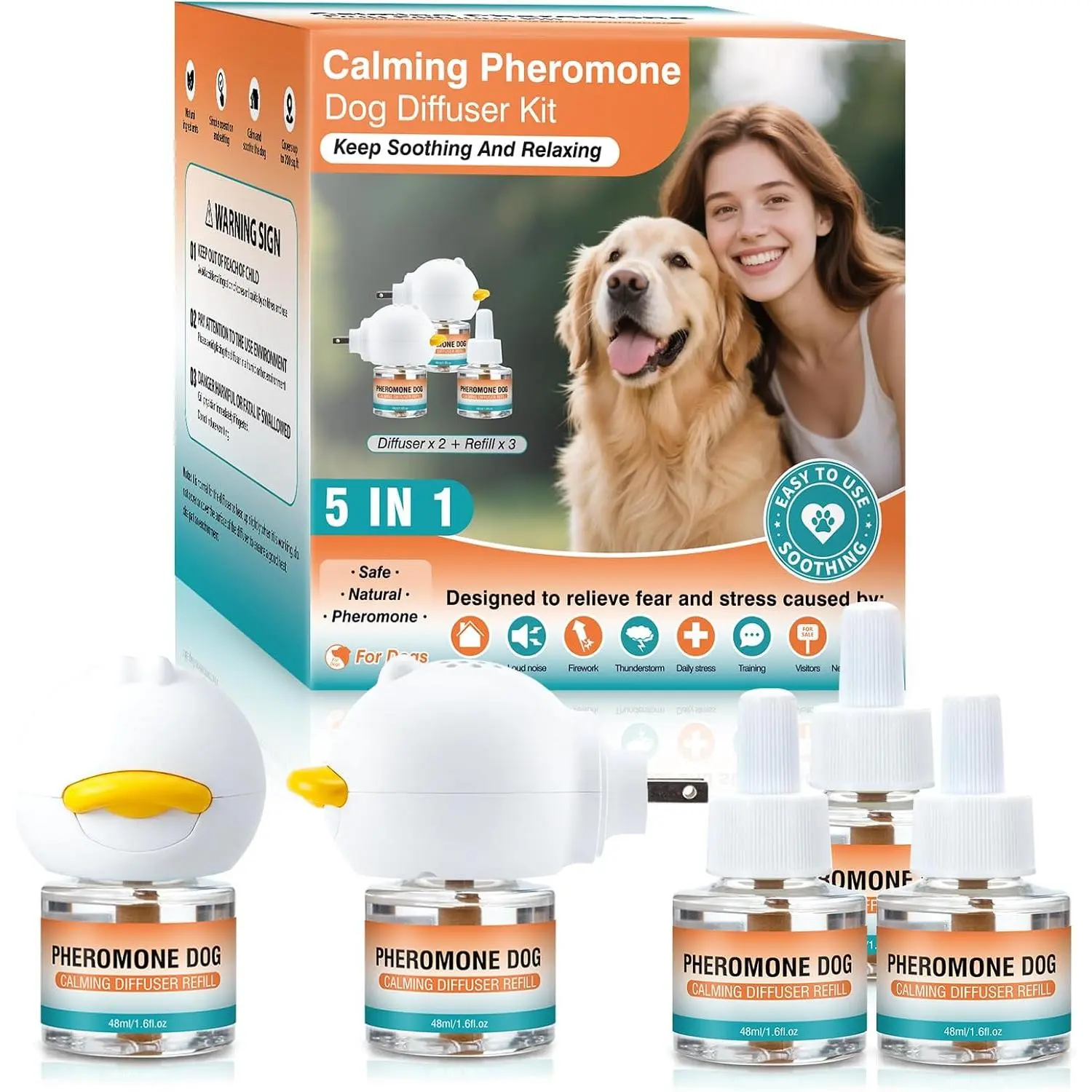 5-in-1 Advanced Dog Calming Pheromone Diffuser Kit, Tasteless Plug-in & Refill Set (2 Plug-ins + 3x48ml Refills) for Pet Anxiety, Stress Relief, Reducing Aggression, Barking & Fighting