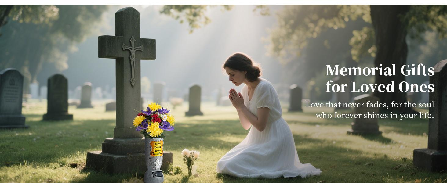 Solar-Powered Cross Angel Ceramic Stone Vase with LED Light - Grave Vase, Cemetery Tombstone Decoration, Fresh/Artificial Flower Holder, Commemoration Gift for Grieving Individuals