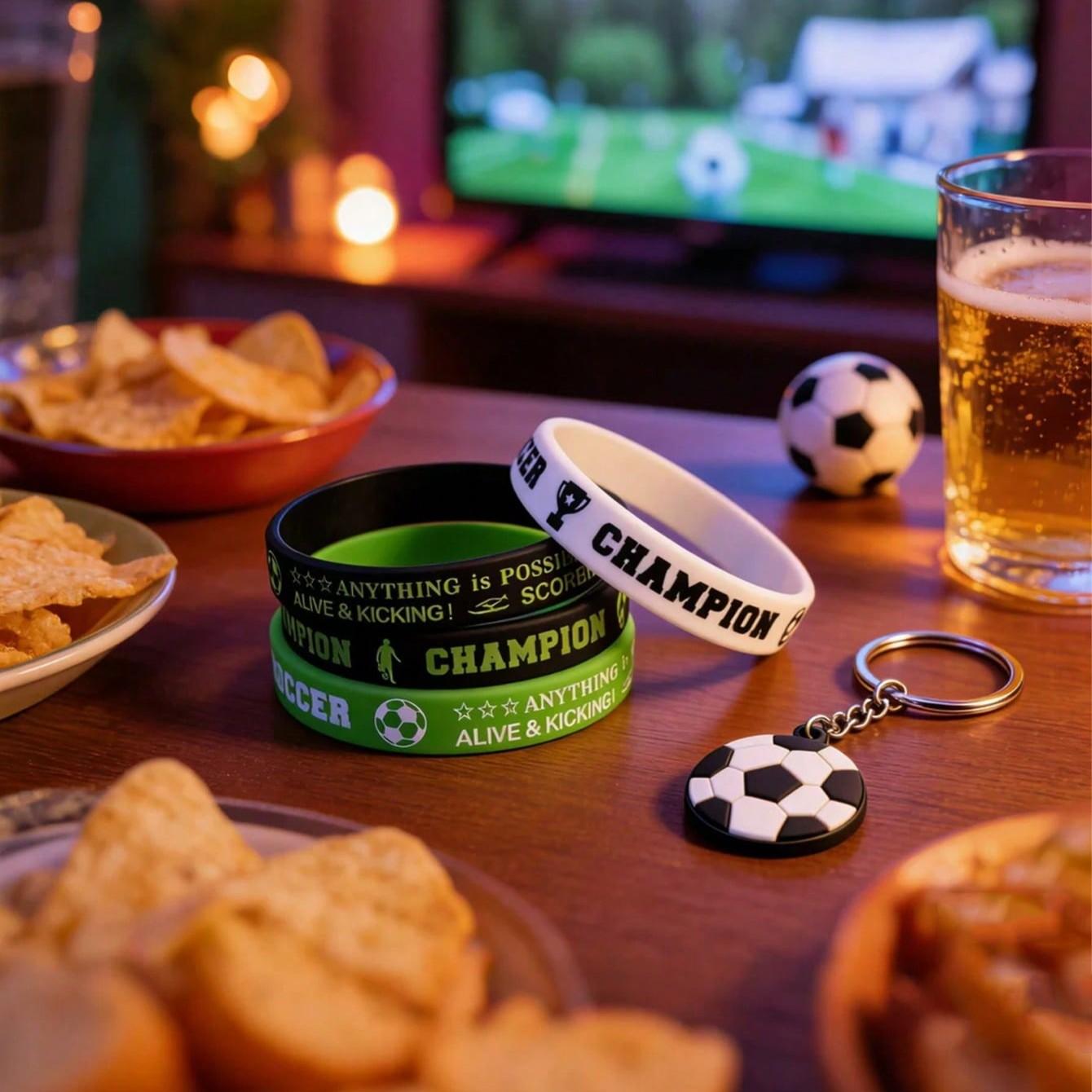 Football Party Gift Set, Includes Silicone Wristband and Keychain, Football Champion Wristband Set, Perfect for Parties and Matches
