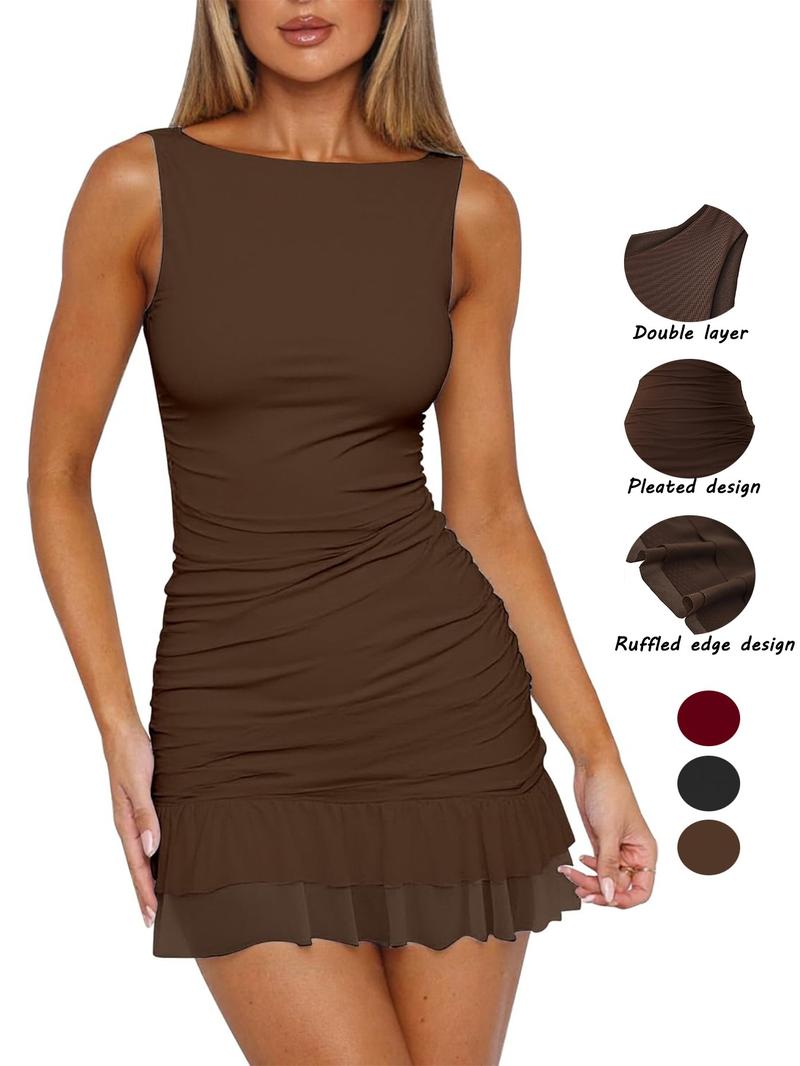 Women's Mesh Sexy Ruched Bodycon Boat Neck Mini Dress, Sleeveless Pleated Hem, Club Party Short Gown, Slim-Fitting Fashion