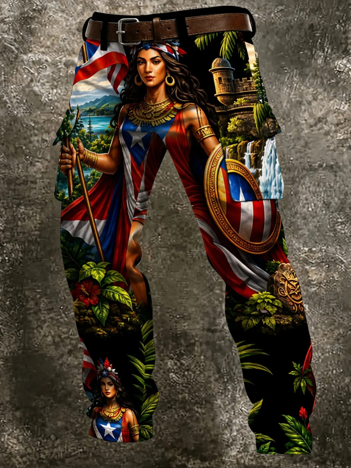 Men's Puerto Rico Goddess Flag Landscape Print Work Pants, Multi-Pocket Straight Casual Pants, Tropical Greenery and Ethnic Character Illustration Stylish Work Pants