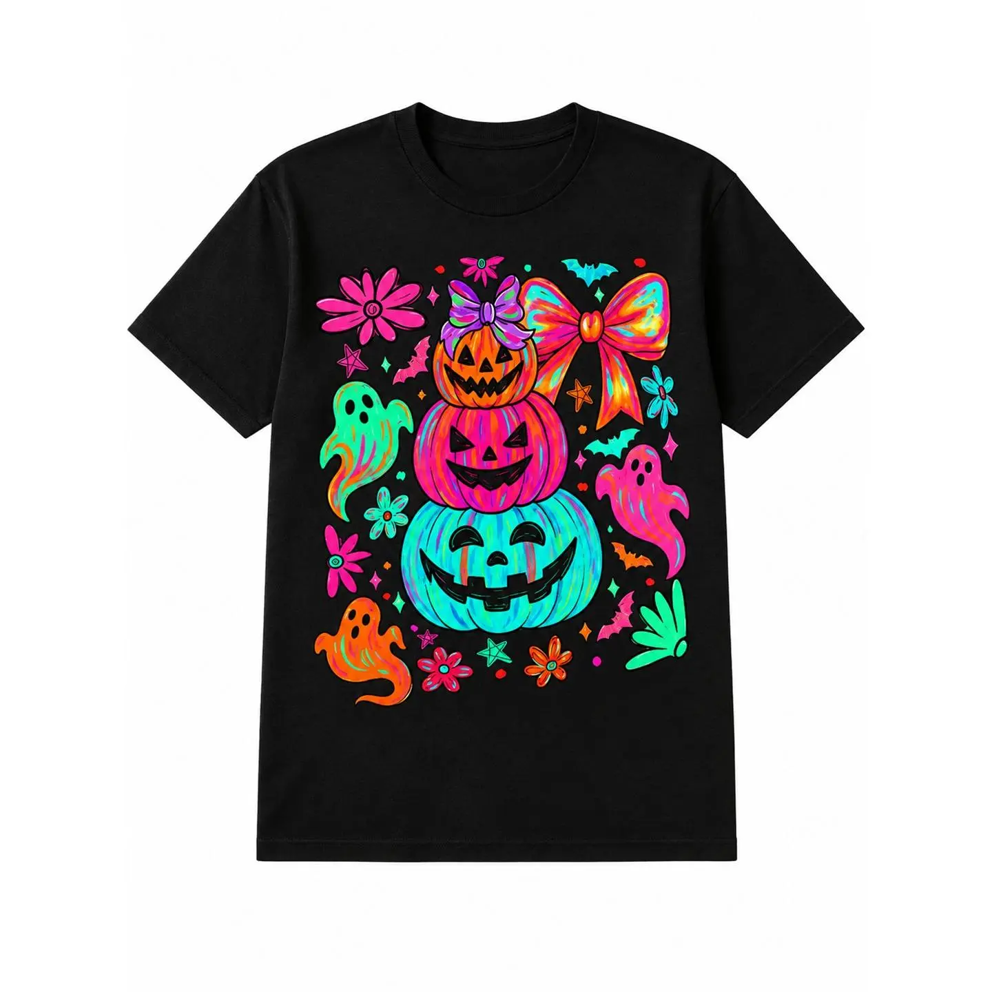 Cotton Fabric Classic Halloween T-Shirt - Colorful Pumpkin & Ghost Graphic, Cute Neon Spooky Season Short Sleeve Crew Neck Top, S-3XL