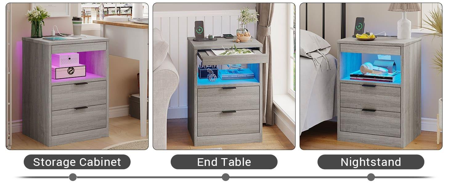 Sikaic Nightstand With Pull-Out Shelf Wireless Charging Station And LED Lights led nightstand Furniture Bedroom Bedside Table Drawer Storage Modern Minimal Home Wood