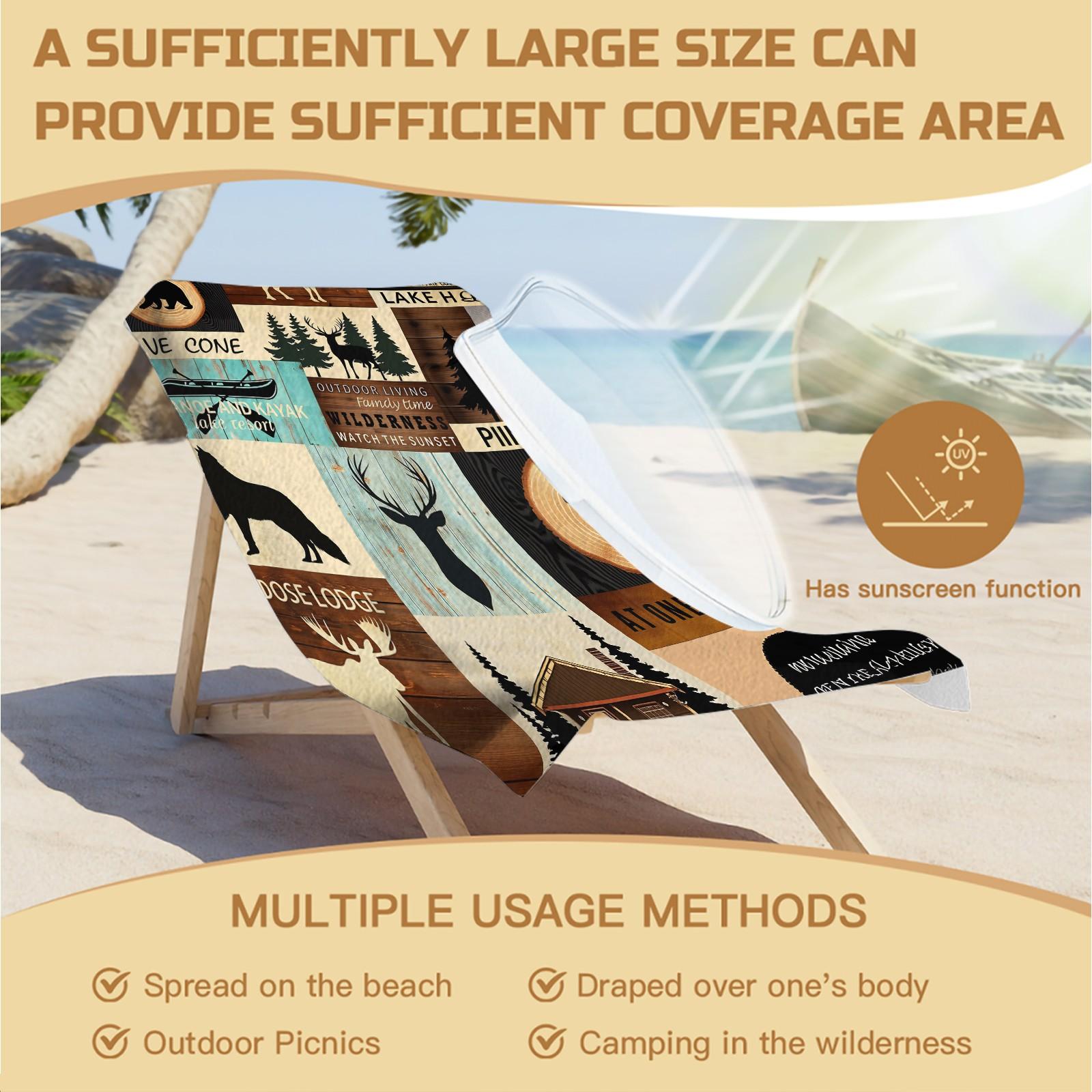 Retro Log Cabin Animal Print Beach Towel, Unique Wilderness Patchwork Beach Towel, Multi‑Color Checkered Oversized Beach Towel—Absorbent and Quick‑Drying, Perfect for All Kinds of Summer Outings