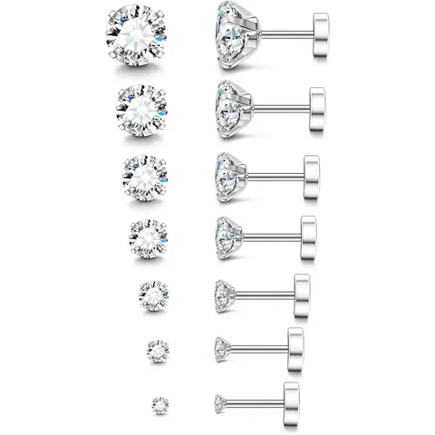 CASSIECA 20G Unisex Hypoallergenic Flat Back Fine Studs - Silver Surgical Stainless Steel Stud Earring Jewelry for Sensitive Ears, Women's Birthstone Cubic Zirconia Silver Earrings Sohochic